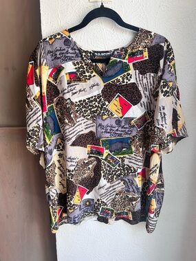 Vintage SG Sport Leopard African Safari Silky Multi Print Blouse Size 1X